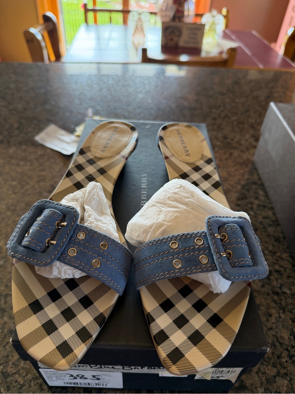 Burberry Blue Leather Buckle Plaid Slide Mules - Women